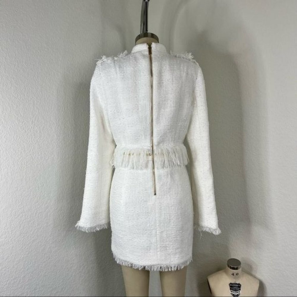 Luxdress Chunky Chain Fringe Button Front Long Sleeve Tweed Mini Dress - Picture 9 of 10